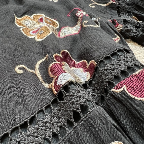 Anthropologie‎ Eri Ali Black Short Dress Embroidered Flowers Ruffled Sleeves M - Picture 8 of 10